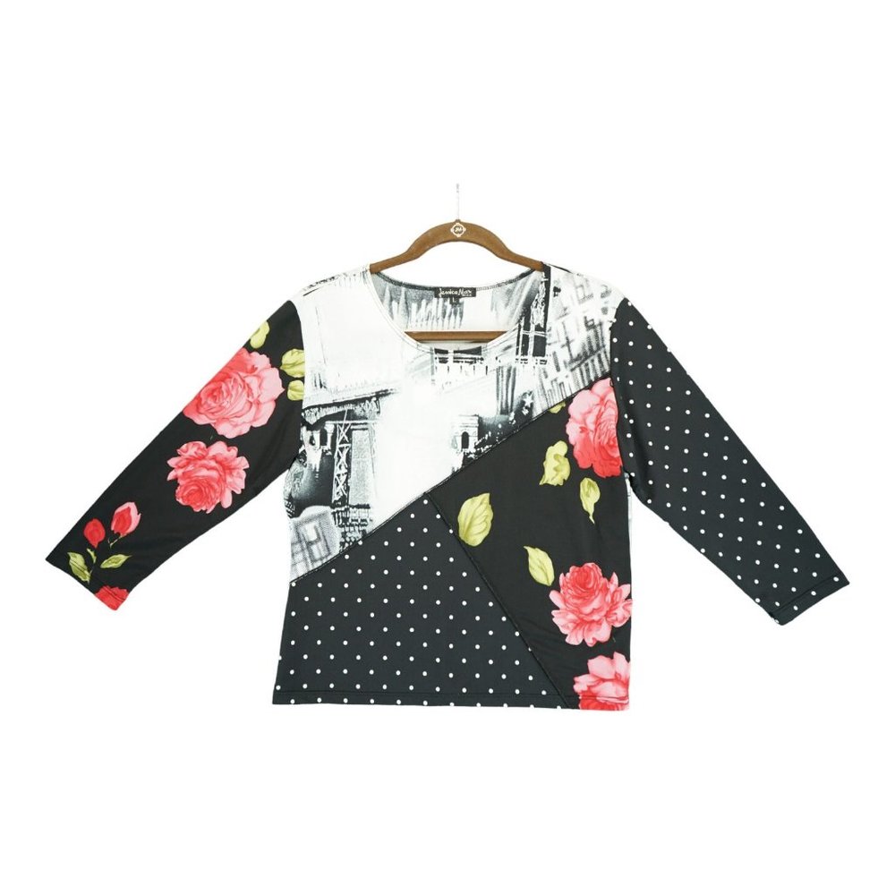 Jessica Max Y2K Floral Top Womens Large Colorful Mesh 3/4 Sleeve Casual‎